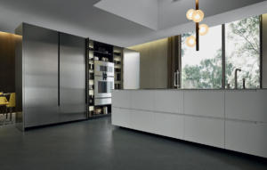 Contemporary wood veneer / stainless steel kitchen